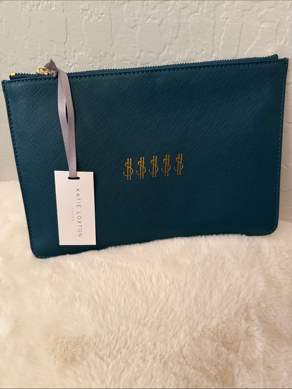 Katie Loxton Teal Zip Clutch with Gold Dollar Motif